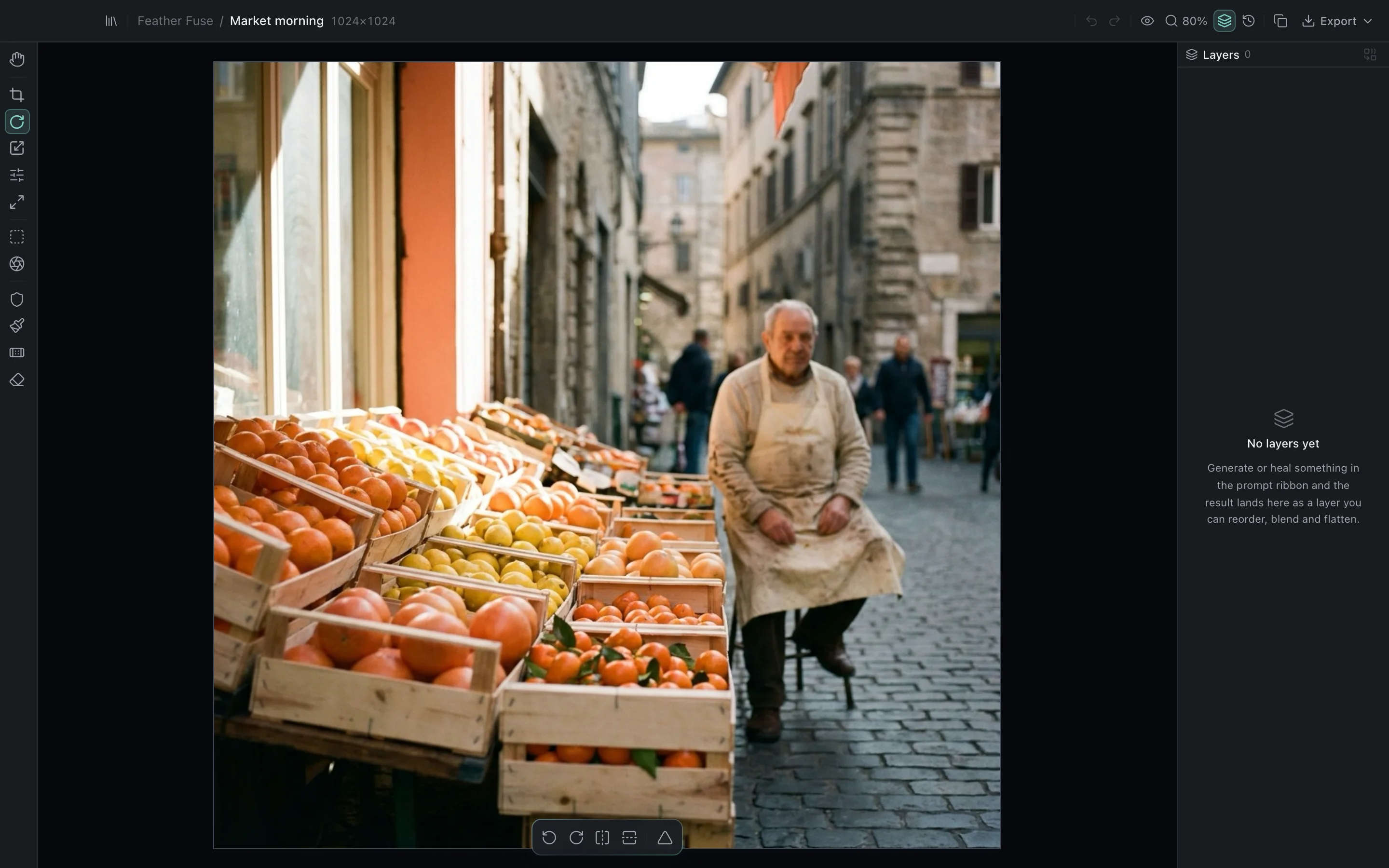 The Feathergrade editor with the Rotate tool active on a market-stall photograph, showing the rotate-left, rotate-right, flip-horizontal and flip-vertical controls in the tool ribbon.