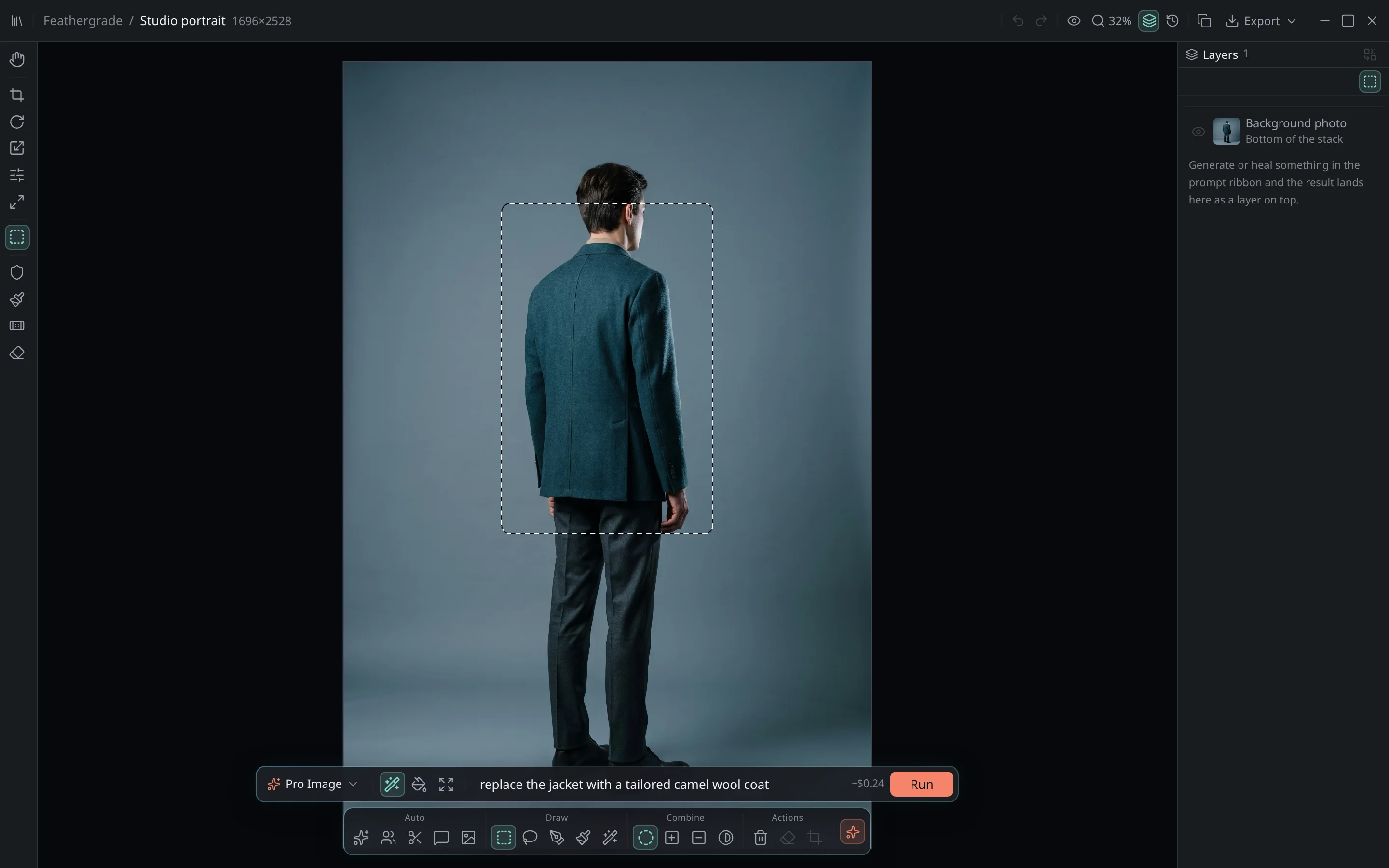 The Feathergrade editor with a studio portrait open: a real selection drawn around the subject's jacket, the AI prompt bar reading 'replace the jacket with a tailored camel wool coat', the model picker set to Pro Image and an enabled Run button.