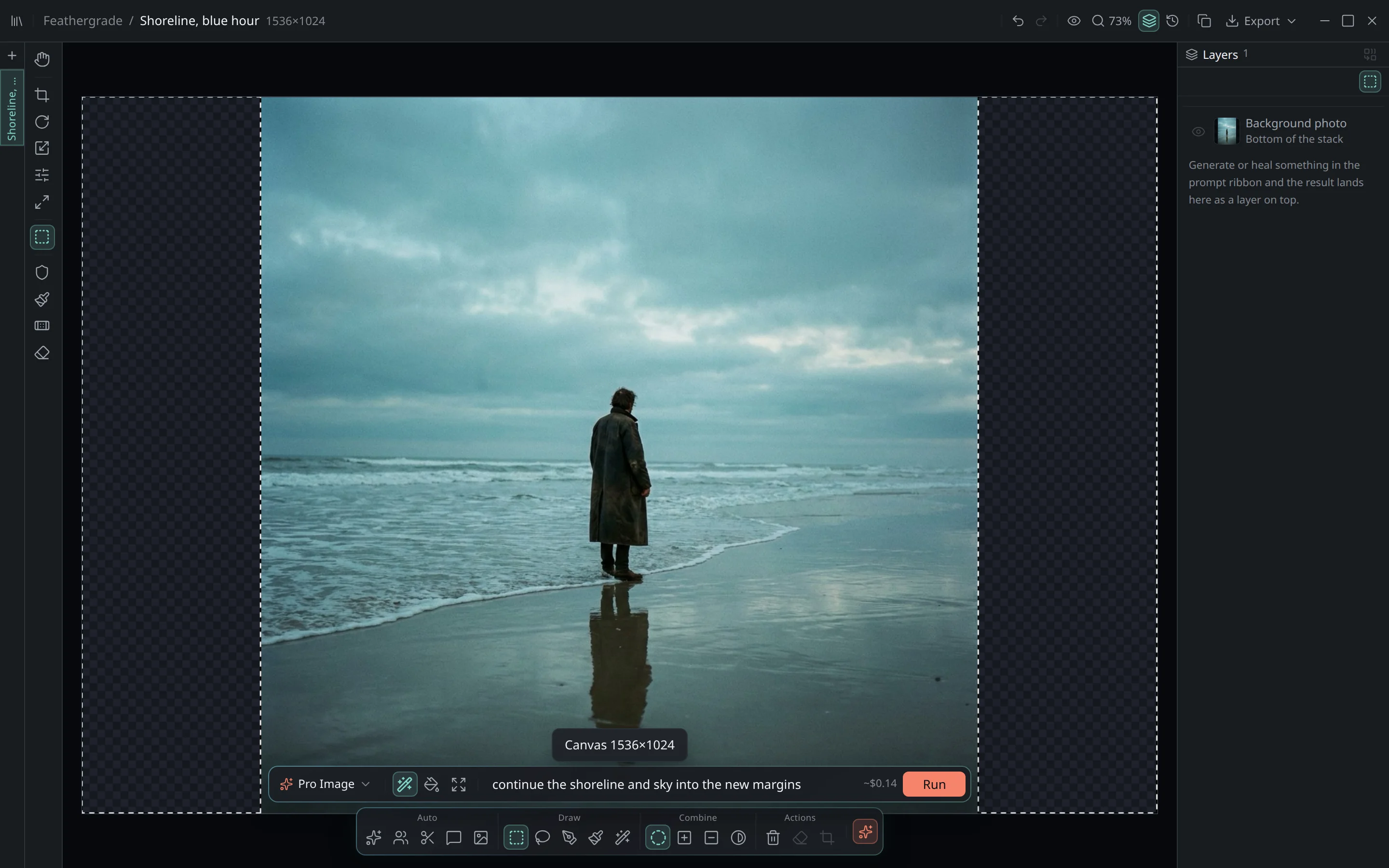 The Feathergrade editor after a real canvas expand on a shoreline photograph: new transparent margins added on both sides, a selection covering exactly those margins, and the prompt 'continue the shoreline and sky into the new margins' with the Expand button enabled.