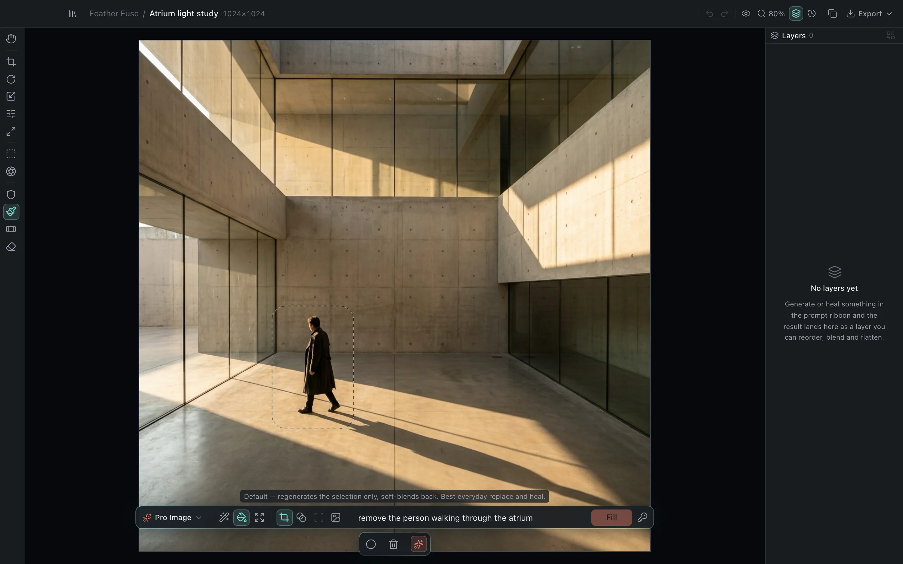 The Feathergrade editor in infill mode on an architectural photo, with a real selection traced around the person walking through the atrium, the prompt 'remove the person walking through the atrium', and the Fill button enabled.