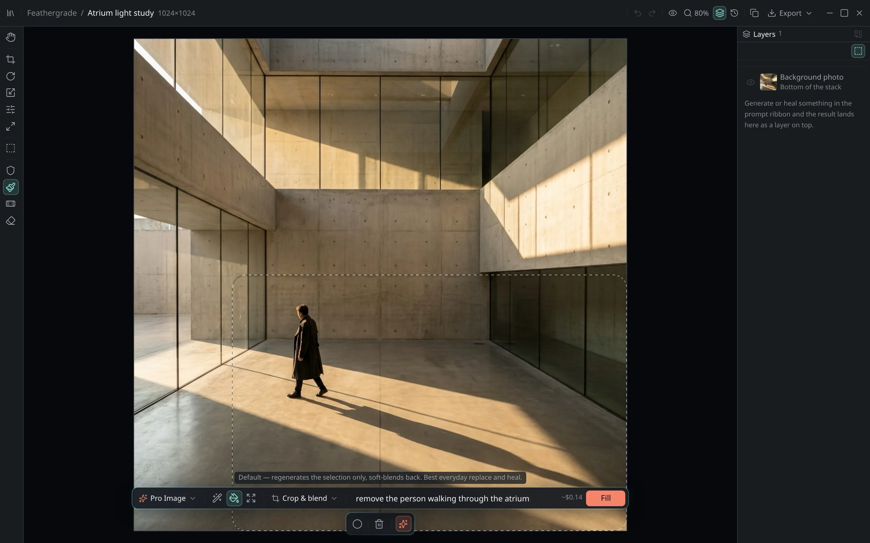 The Feathergrade editor in infill mode on an architectural photo, with a real selection covering the person walking through the atrium and their cast shadow, the prompt 'remove the person walking through the atrium', and the Fill button enabled.