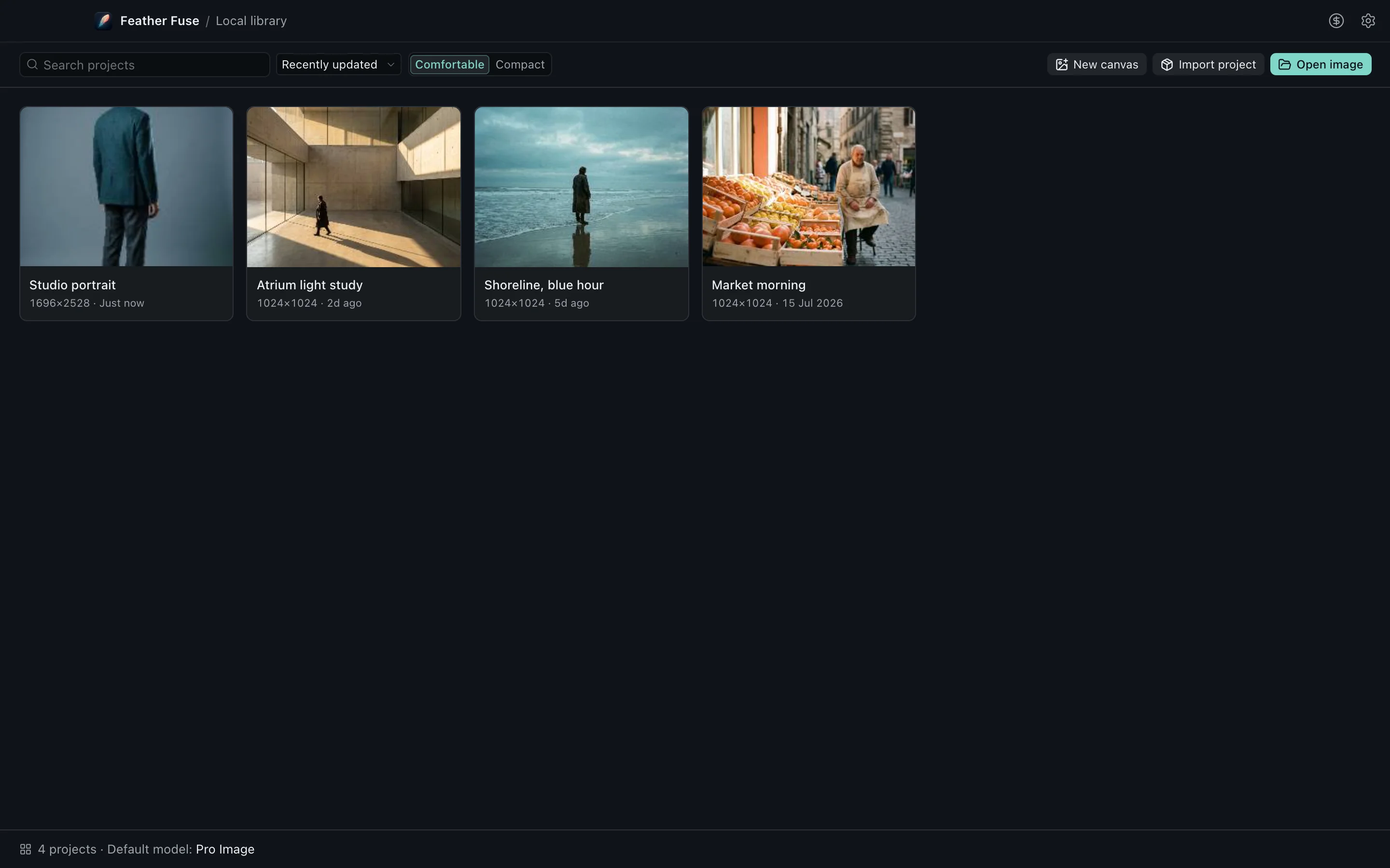 The Feathergrade library on macOS: a home dashboard with a daily tip, search, tiles to start a new project or import an image or project file, and recent project cards — a studio portrait, an atrium interior, a shoreline and a market stall — showing thumbnails, names, pixel dimensions and last-edited times.